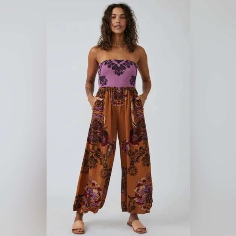 #624 Free People Indigo Sun Jumpsuit in Gold Combo size Large - Picture 2 of 9